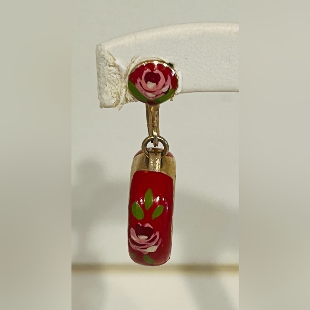 Vintage 50’s Delma Red Floral Hoop Drop Screwback Earrings